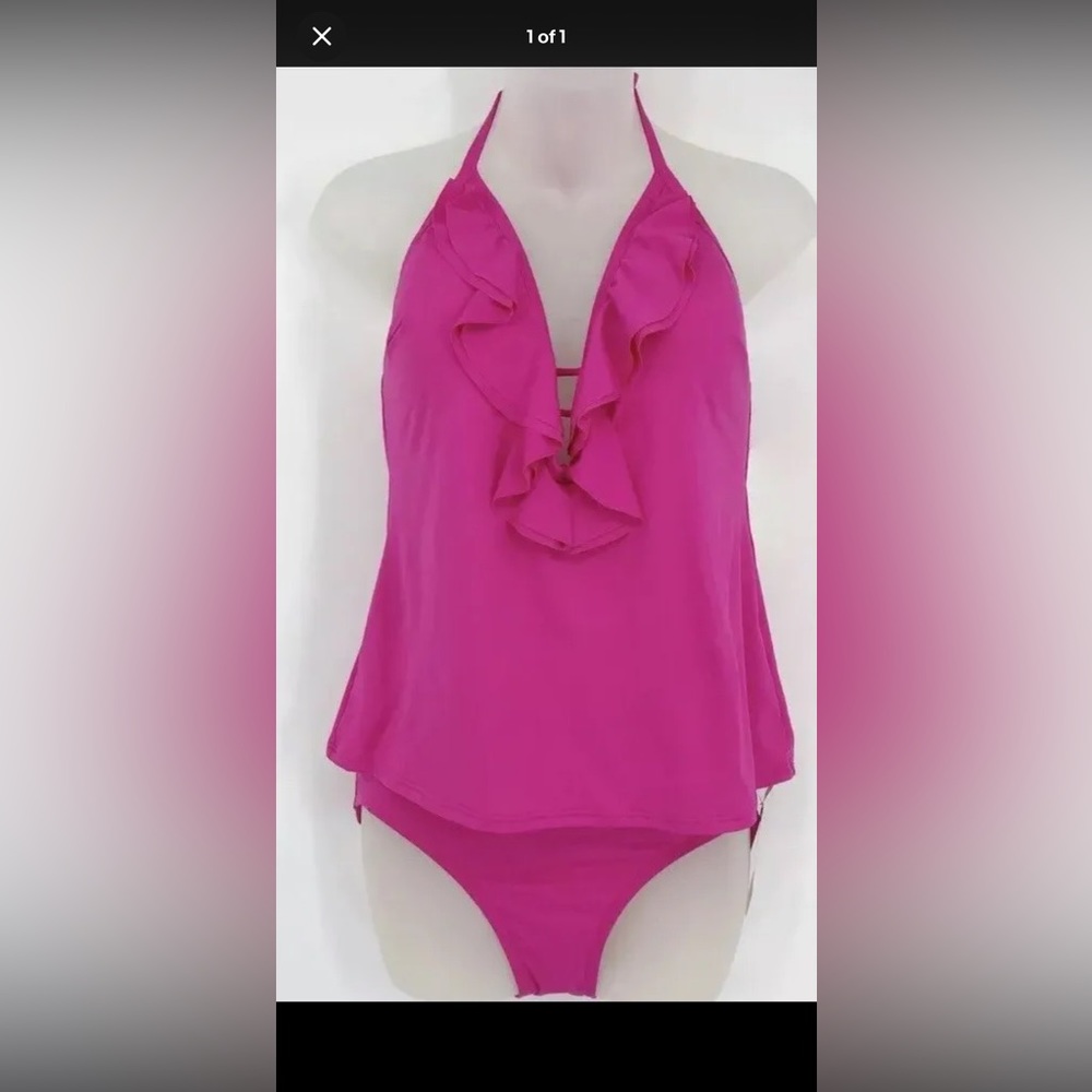 Michael Kors Cruise 2019 2-Piece Tankini Swimsuit Halter Ruffle Electric Pink Xs